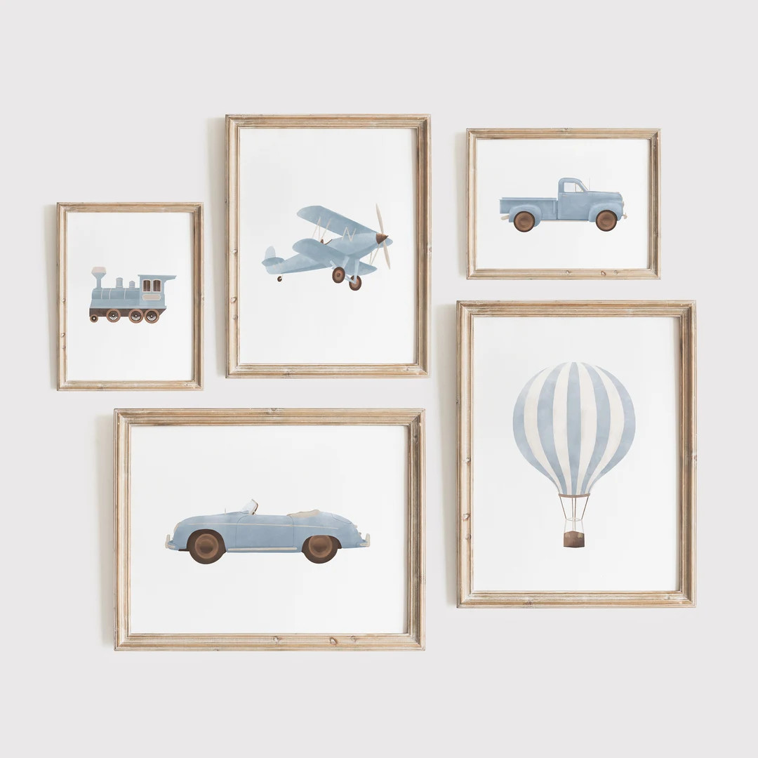 Vintage Travel Boy Nursery Wall Art, Printable Transportation Nursery Decor, Blue Hot Air Balloon... | Etsy (US)