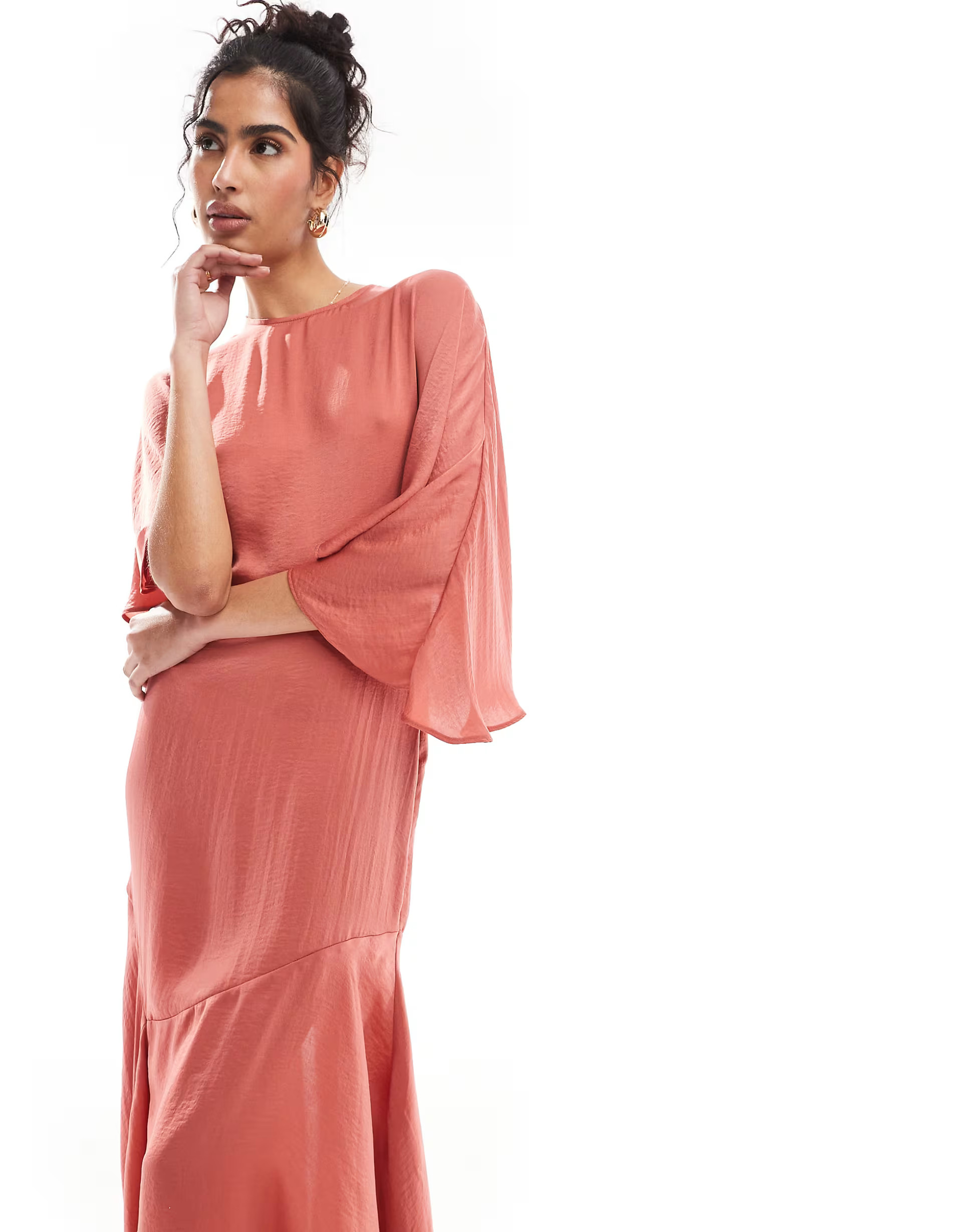 ASOS DESIGN satin flutter sleeve asymmetric hem midi dress in red | ASOS | ASOS (Global)