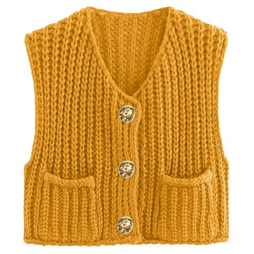 Flygo Womens Sleeveless Sweater Vest 2025 Fall Sweaters Loose Crop Knit Top Chunky Crochet Button Cardigan Sweaters(FallenLeafYellow-XS) | Amazon (US)