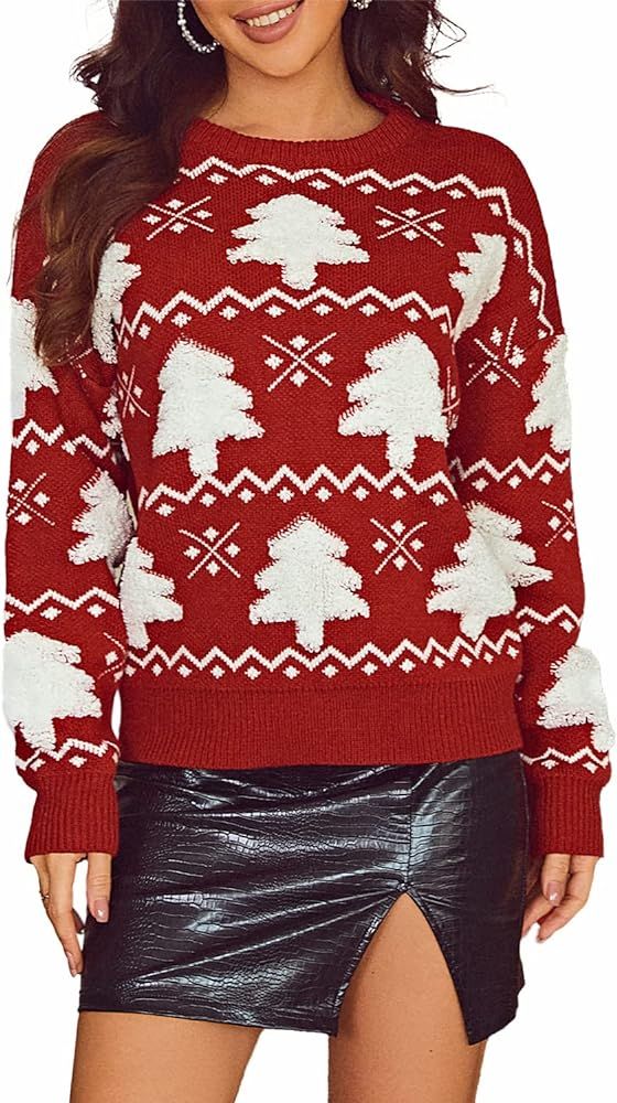 Miessial Women's Knitted Christmas Pattern Sweater Comfy Crewneck Long Sleeve Pullover Sweater | Amazon (US)