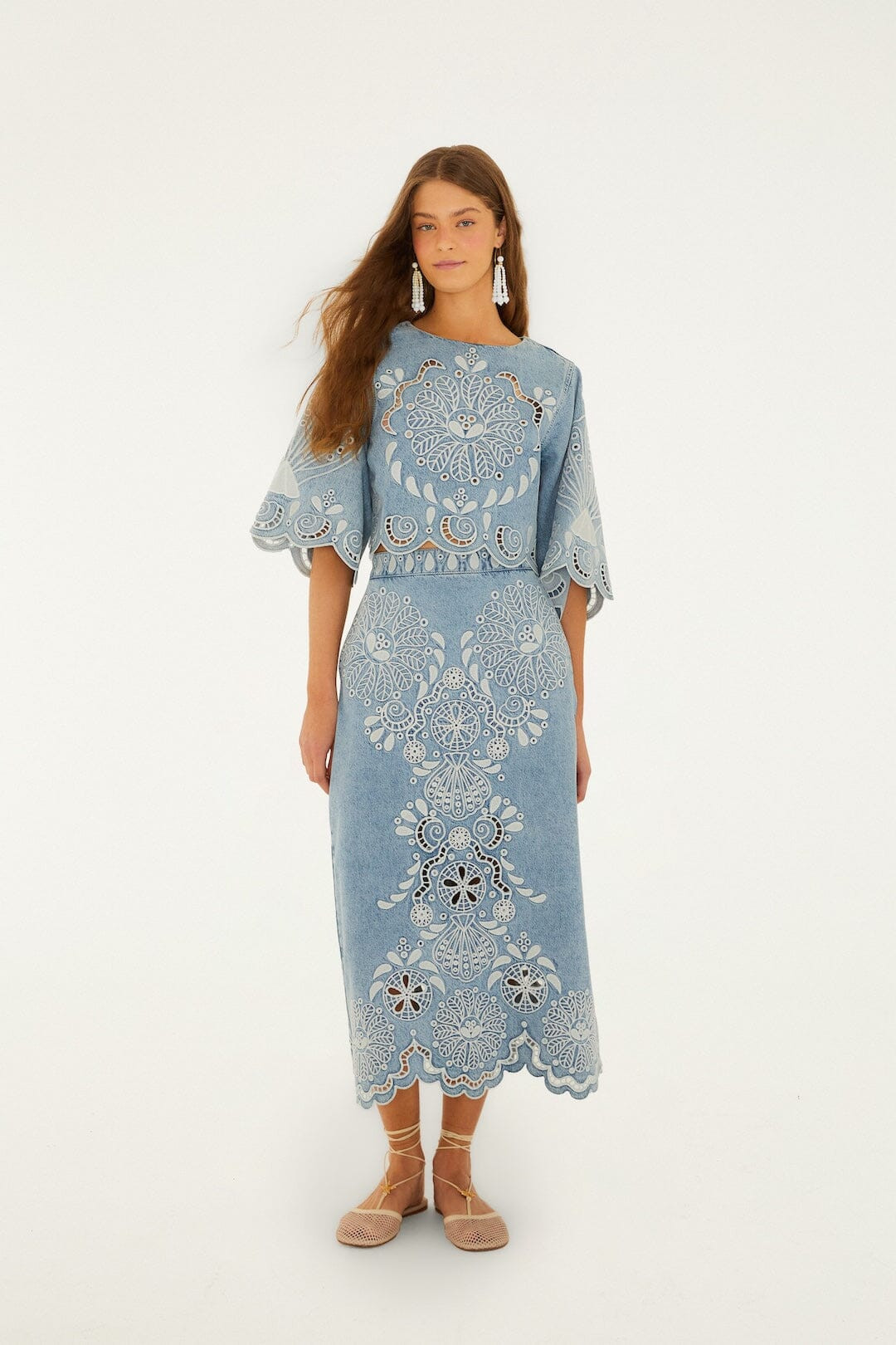 Denim Richelieu Kimono Sleeves Cropped Blouse | FARM Rio | FarmRio (US)