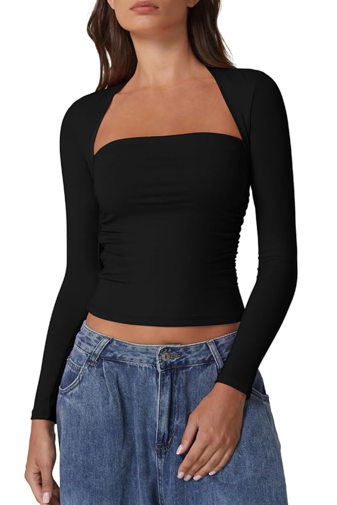 QINSEN Womens Square Neck Long Sleeve Tops Double Lined Slim Fit Going Out Tee Shirt Crop Top | Amazon (US)