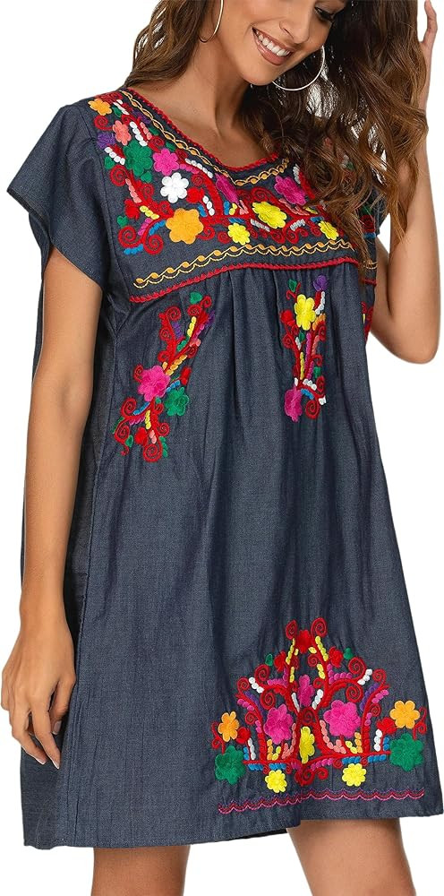 YZXDORWJ Women Mexican Embroidered Dress Short Sleeve | Amazon (US)