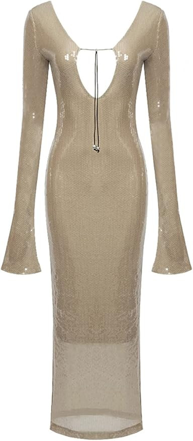meilun Deep V Dress with Drawstring Long Sleeve Sequin Dress for Women Long Gown | Amazon (US)