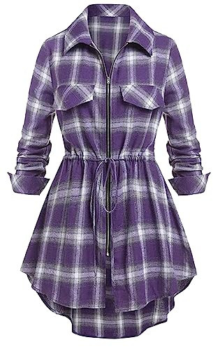Women's Plaid Shirt 3/4 Roll Up Sleeve Zipper V Neck Casual Blouses Tunic Tops Purple L | Amazon (US)
