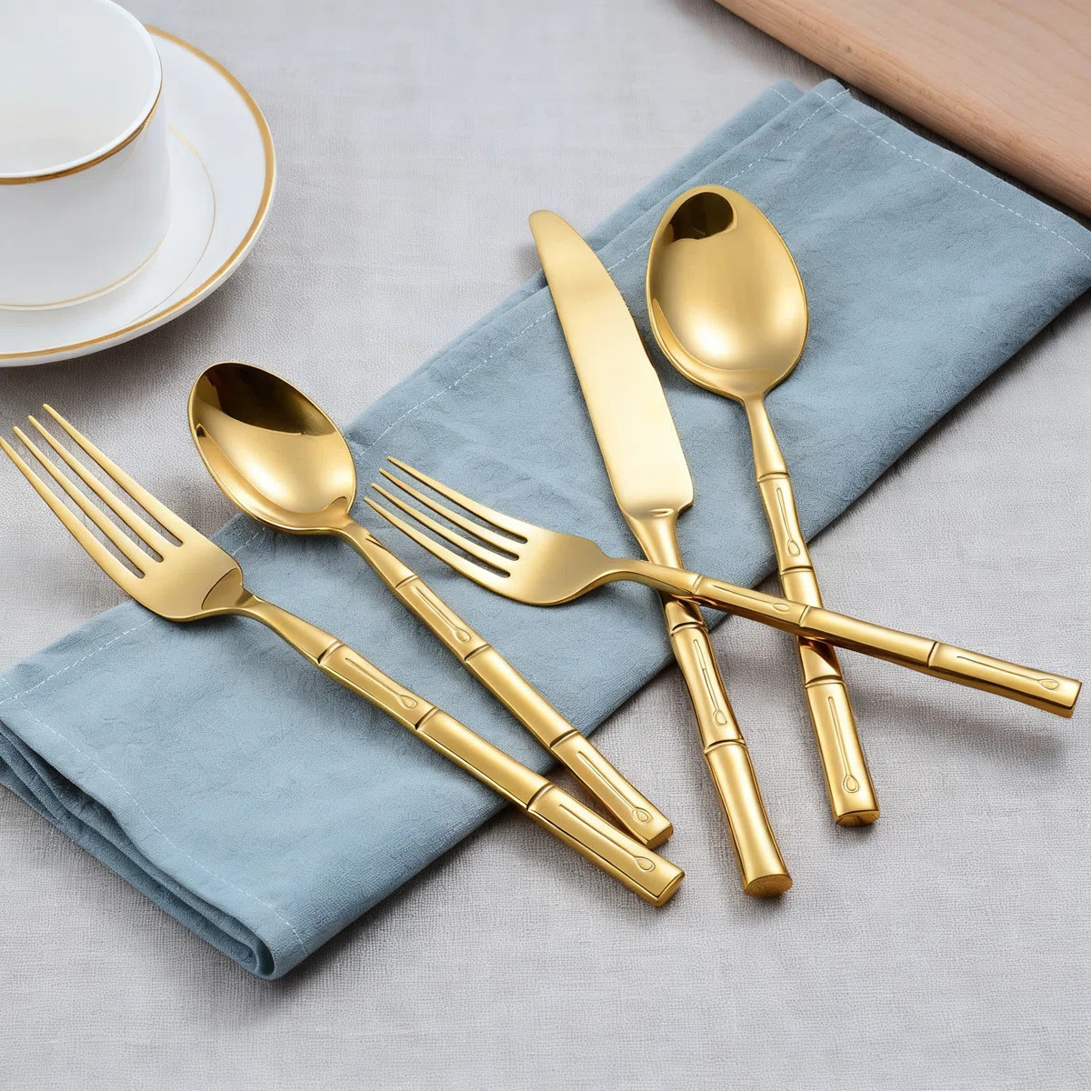 Gold Stainless Steel Flatware Set With Bamboo Handle 60-Piece Cutlery Set Mirror Polished For Hom... | Wayfair North America
