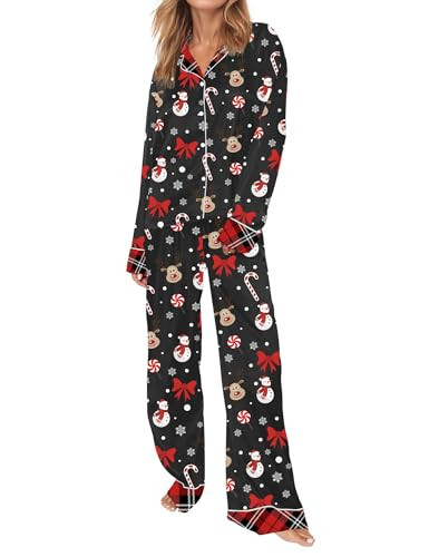 SHESHOW Cute Christmas Pajamas Long Sleeve Tops and Wide Leg Pants Snowman Christmas Pajamas for Women Black Silk Pjs L | Amazon (US)