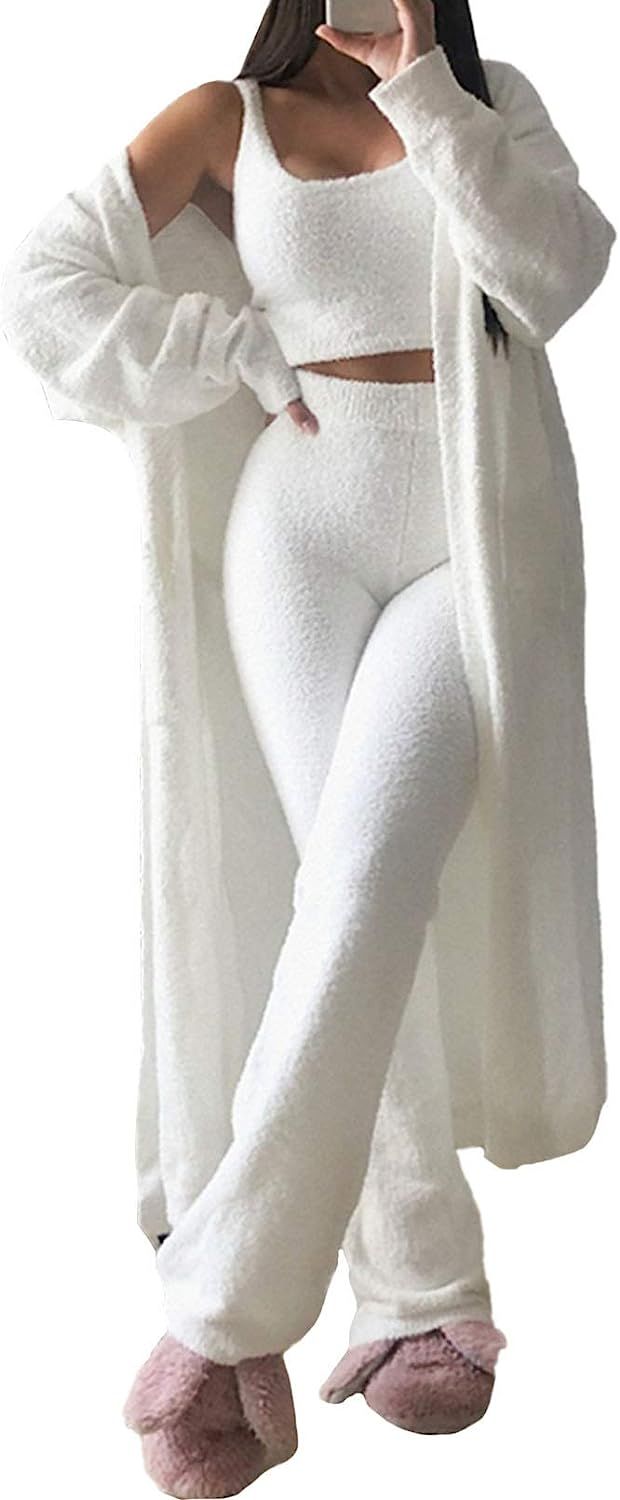 Women's 3 Piece Teddy Lounge Wear Tank Top Wide Leg Pants Cardigan Jacket Fleece Pajamas Set | Amazon (US)