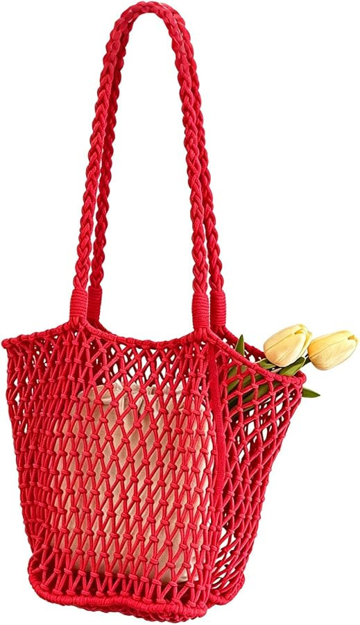 Crochet Beach Bag Women Boho Woven Tote Summer Mesh Beach Tote Knit Bag Travel Shoulder Bag Straw... | Amazon (US)