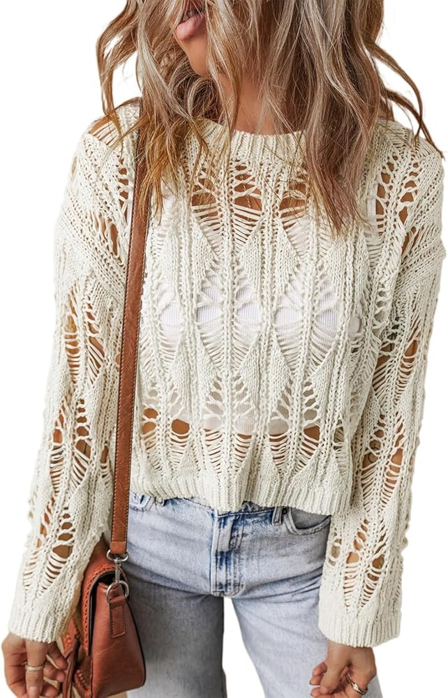 Casual and Comfortable Long Sleeve Sweater - White Cut Out Crochet Pattern | Amazon (US)