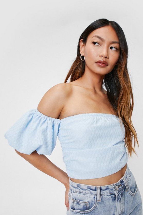 Petite Off the Shoulder Ruched Crop Top | Nasty Gal (US)