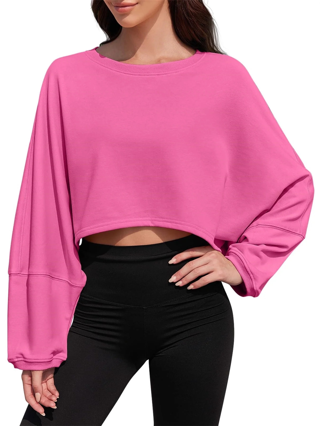 Women Long Sleeve Crew Neck Loose Fit Casual Cropped Sweatshirts Tops | Walmart (US)