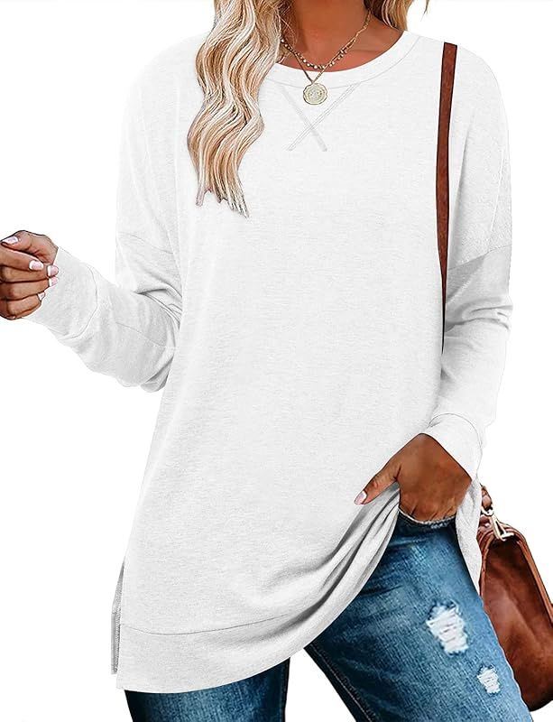 Women's Drop Long Sleeve Sweatshirt Tops Casual Crewneck Tunic Sweartshirts with Side Slits S-3XL | Amazon (US)
