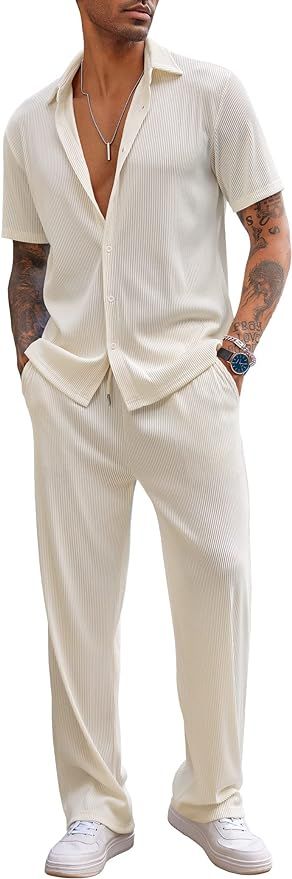 COOFANDY Men's 2 Piece Outfit Casual Short Sleeve Button Down Shirt Beach Summer Loose Pant Sets | Amazon (US)