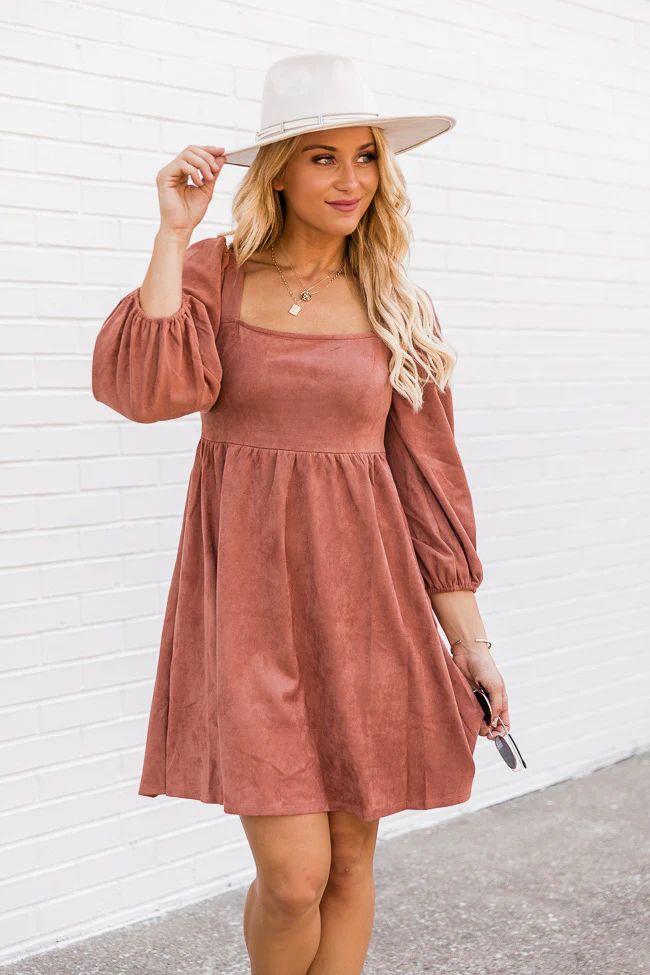 You're A Genius Brown Suede Square Neck Dress | Pink Lily