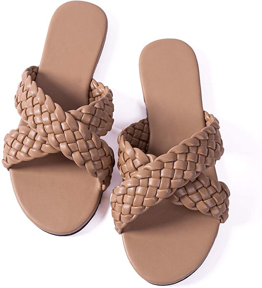 Amazon.com | Mtzyoa Women Crossover Sandals Flat Braided Nude Slides Leather Comfort Size 8 Handm... | Amazon (US)
