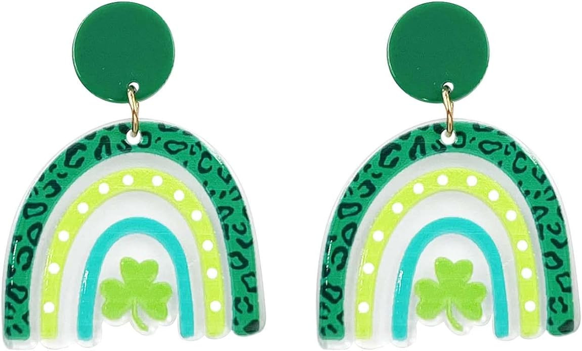 St. Patrick's Day Earrings for Women,Irish Shamrock Acrylic Dangle Earrings, Green Hat Clover Hor... | Amazon (US)