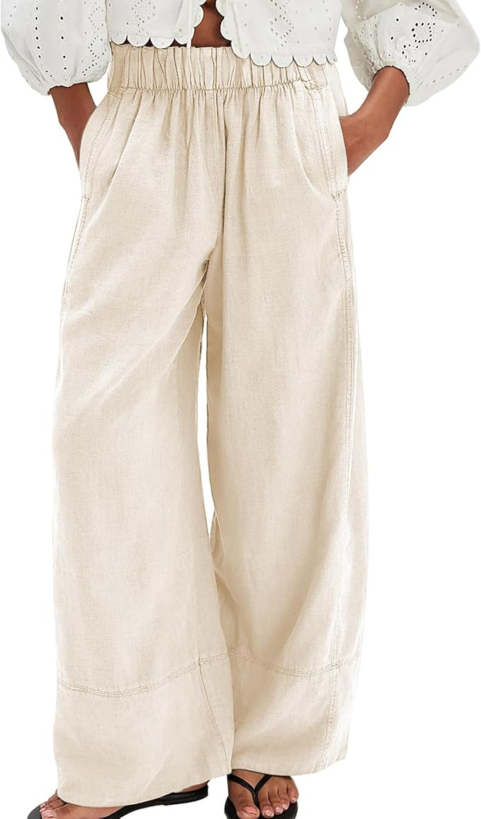 Linen Pants for Women Cotton Baggy Boho Casual Palazzo Pants Wide Leg Long Lounge Trousers with P... | Amazon (US)