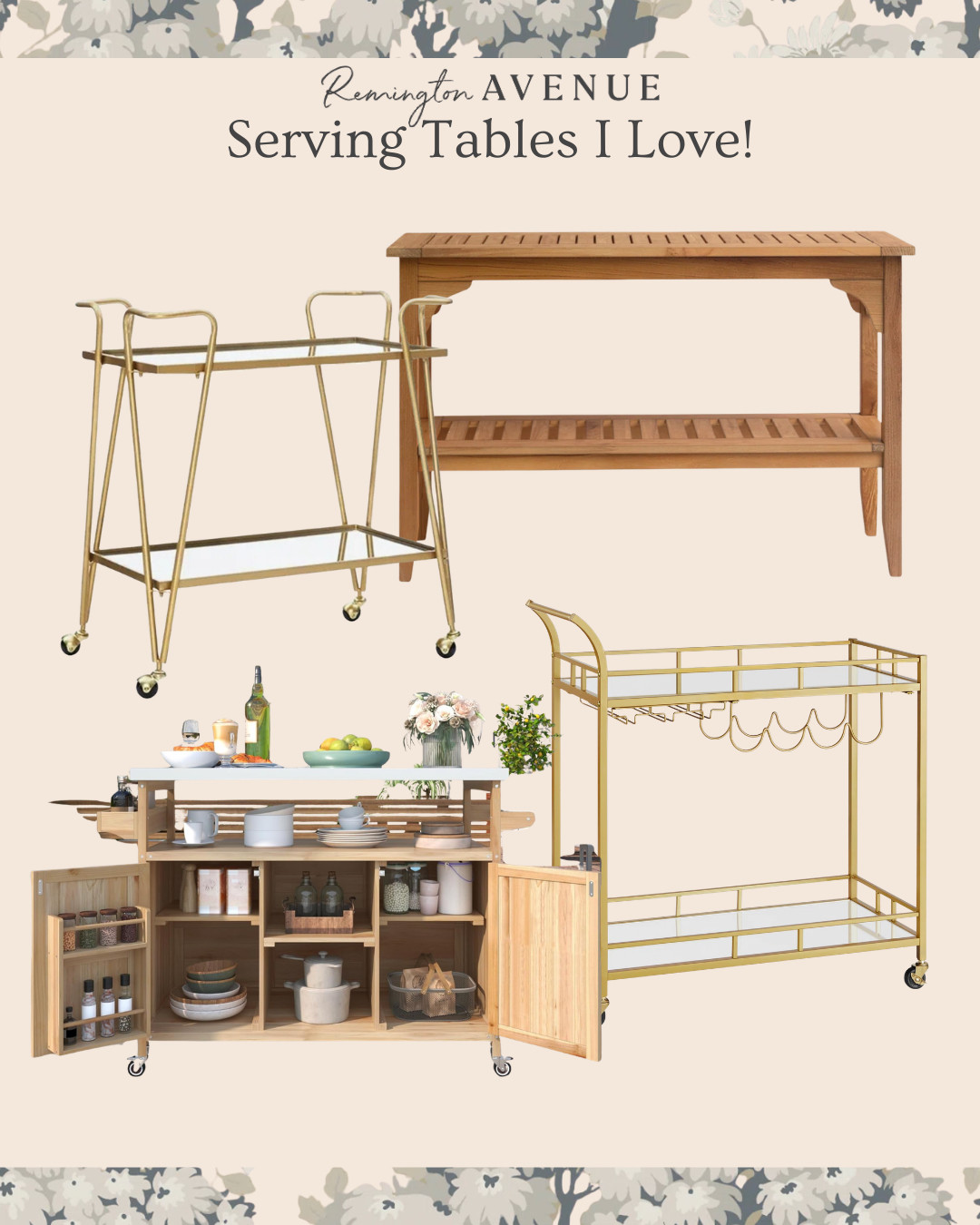 Serving table options for outdoor hosting. Wooden buffet table. Wooden rolling storage table. Metal wire bar carts.  

 