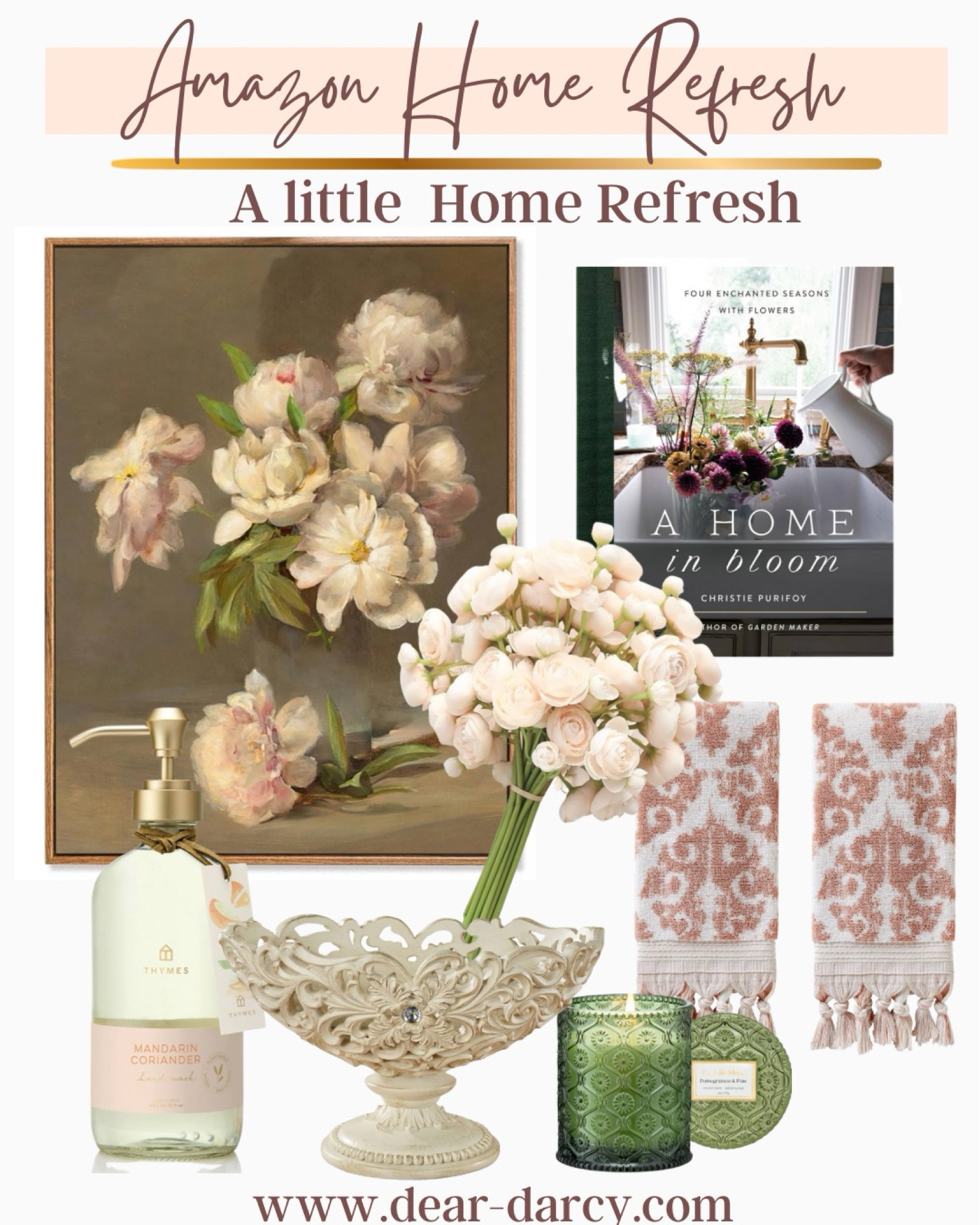 Amazon Hone refresh

Affordable and under $50

Floral print

Artificial flowers so pretty look real

Thyme hand soap 

Pretty bowl 

Beautiful candle that smells so good

The prettiest Turkish hand towels 

A home in bloom coffee table book 



#LTKMostLoved #LTKFindsUnder50 #LTKHome