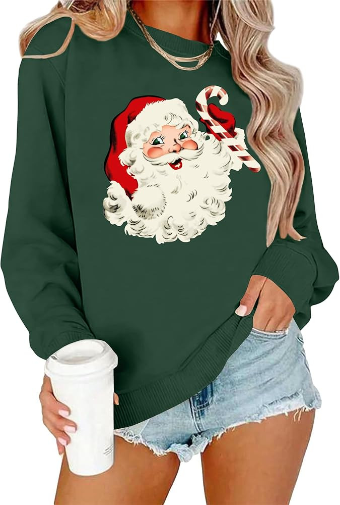 Christmas Sweatshirts for Women Retro Santa Claus Graphic Long Sleeve Shirt Xmas Pullover Tops | Amazon (US)