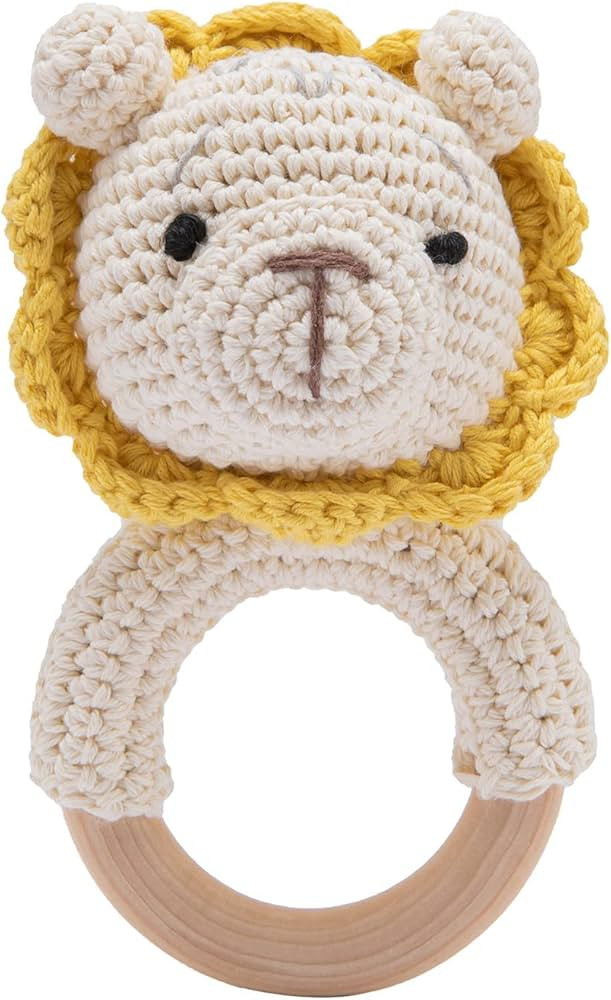Youuys Wooden Rattle for Baby Brain Development, Crochet Lion Wood Baby Rattle, Cute Woodland Ani... | Amazon (US)