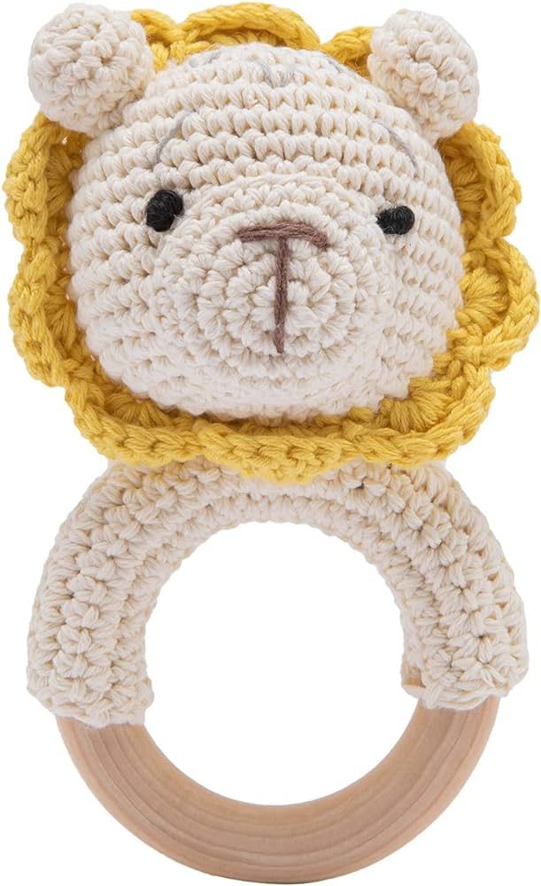 Youuys Wooden Rattle for Baby Brain Development, Crochet Lion Wood Baby Rattle, Cute Woodland Ani... | Amazon (US)