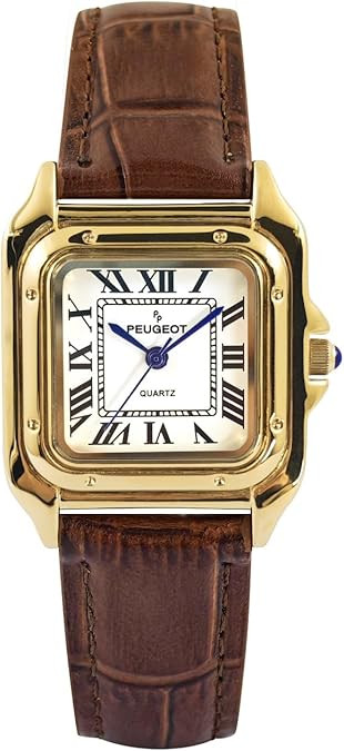 Peugeot Women's 14K Gold-Plated 32mm Tank Shape Leather Strap Watch | Amazon (US)