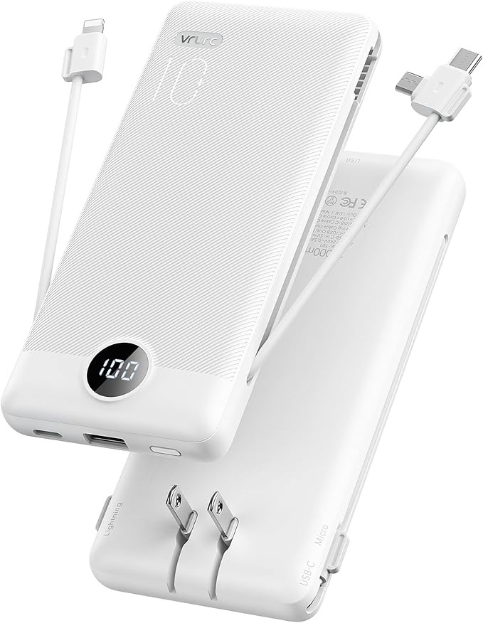 VRURC Portable Charger Built-in Cables and AC Wall Plug, USB C Power Bank 10000mAh, [2023 Upgrade... | Amazon (US)