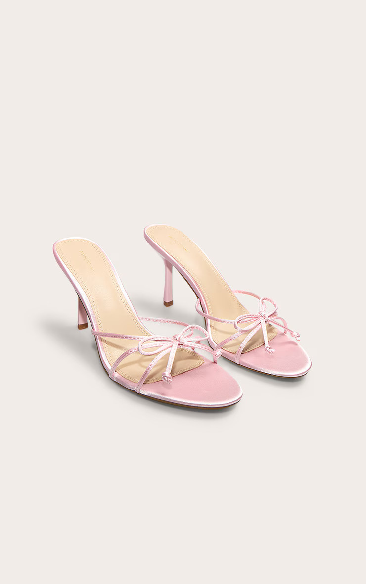 Baby Pink Satin Round Toe Bow Detail Mid Stiletto Heeled Mules | Pretty Little Thing (Australia & New Zealand)