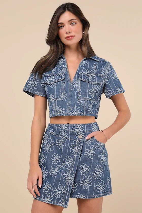 Nicest Aura Medium Wash Embroidered Denim Two-Piece Dress | Lulus