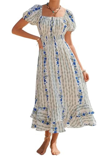 Kate Kasin Womens Summer Boho Floral Maxi Dress 2026 Square Neck Puff Sleeve Smocked Flowy A Line... | Amazon (US)