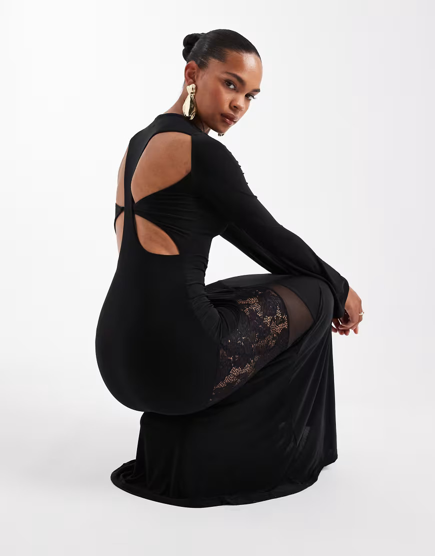ASOS DESIGN long sleeve cut out lace detail maxi dress in black | ASOS (Global)