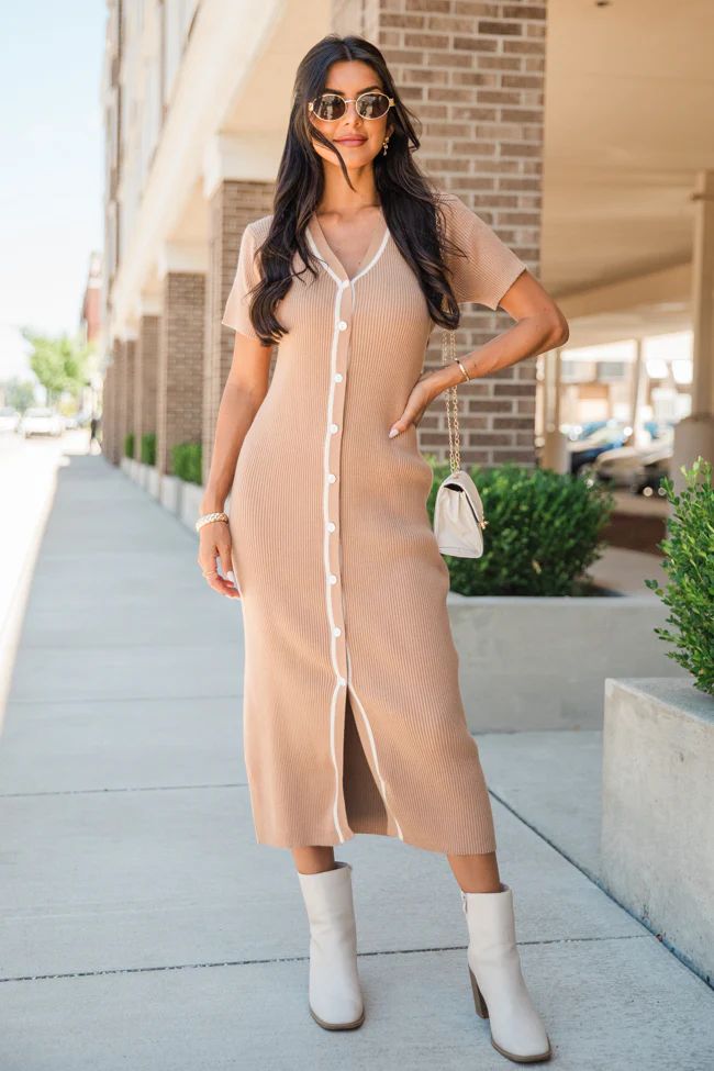 Let's Not Forget Tan Button Up Knit Sweater Dress | Pink Lily