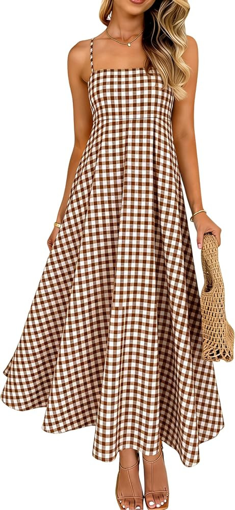 SKIKYAN Women's Gingham Spaghetti Strap Maxi Dress Square Neck Sleeveless Casual A-Line Long Dres... | Amazon (US)