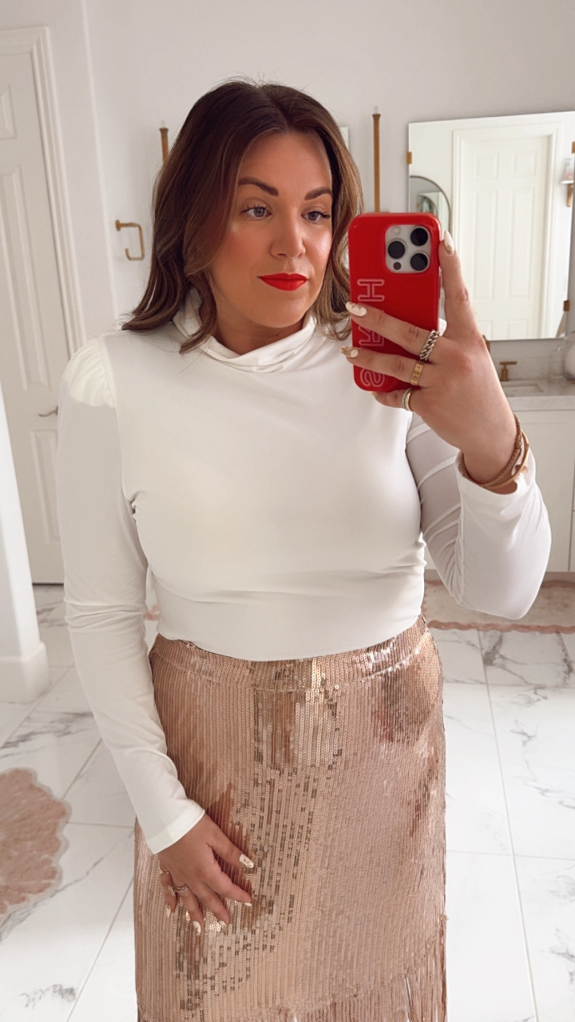 curvy Holiday look for christmas or new years! wearing size xl in white fitted top and size xl in rose gold fringe and sequin skirt. 

use code CHEER30SARAHT for 30% off until Nov 9th  

#LTKFindsUnder100 #LTKMidsize #LTKHoliday