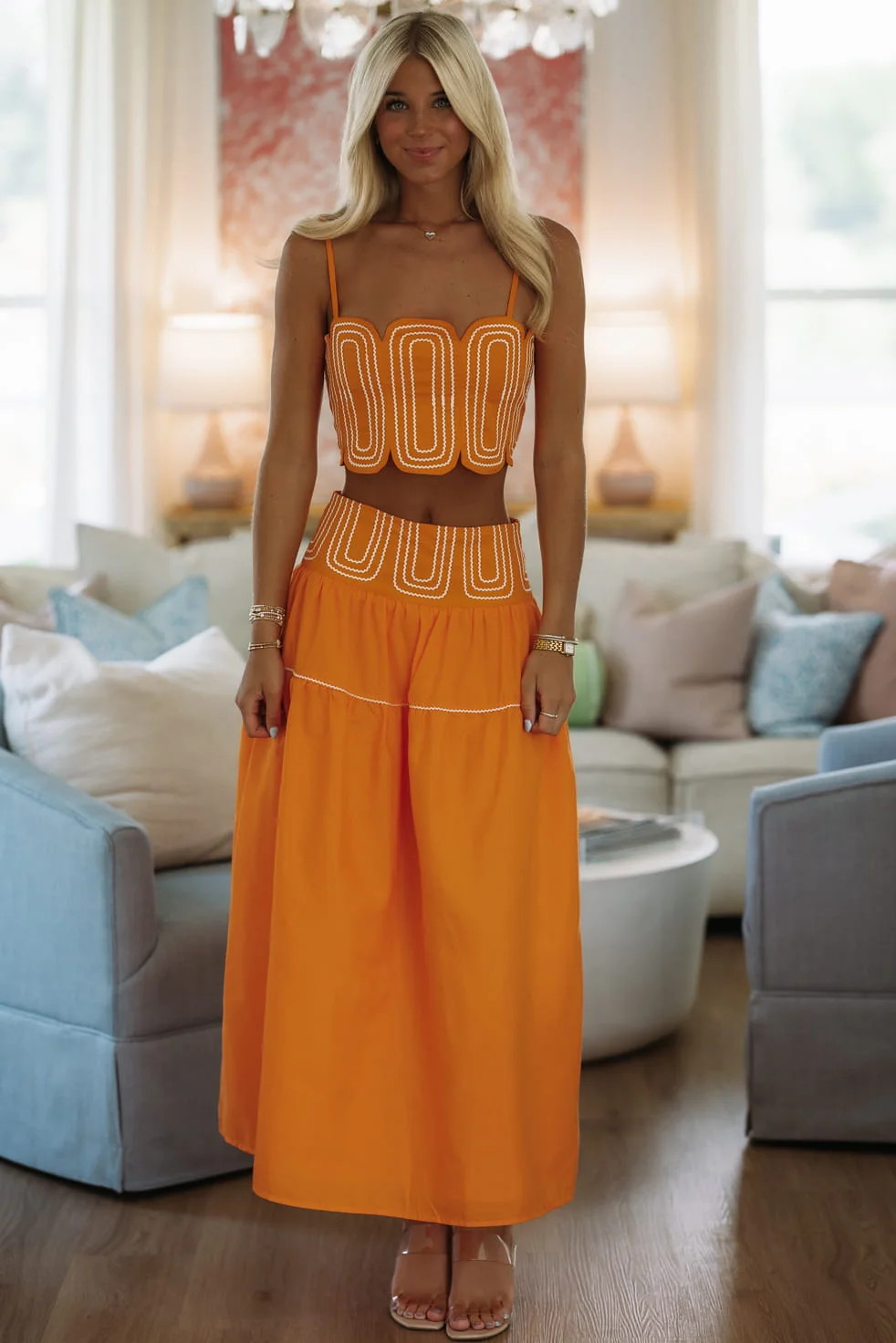 Marina Muse Crop Top and Maxi Skirt Set - Orange and White | Hazel and Olive