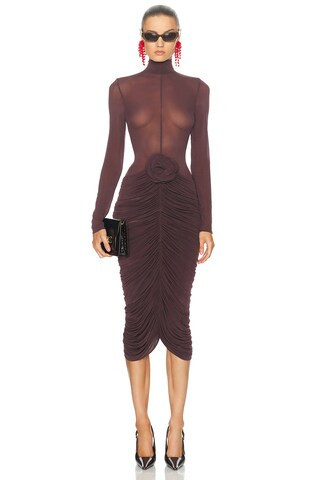 Magda Butrym Long Sleeve Sheer Midi Dress in Burgundy - Burgundy. Size 38 (also in ). | FWRD 