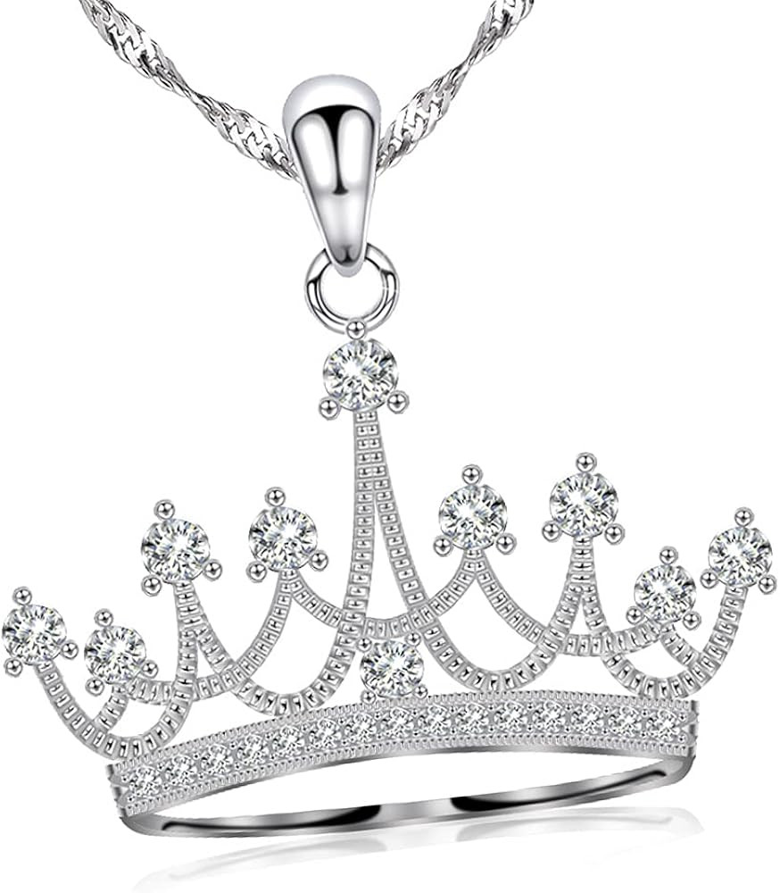 Sterling Silver Round Cubic Zirconia Crown Pendant Necklace Queen Jewelry for Mom Women with 18" ... | Amazon (US)