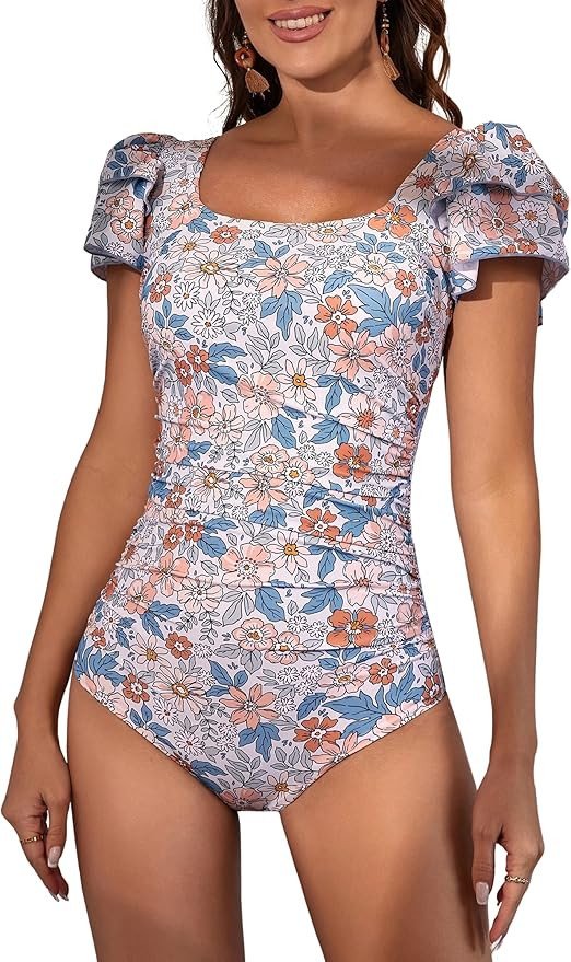 Eomenie Women's Tummy Control One Piece Swimsuit Ruffle Square Neck Bathing Suit Ruched Cutout Ba... | Amazon (US)