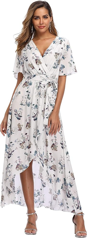 VintageClothing Women's Wrap V Neck Floral Summer Dresses High Low Maxi Casual | Amazon (US)