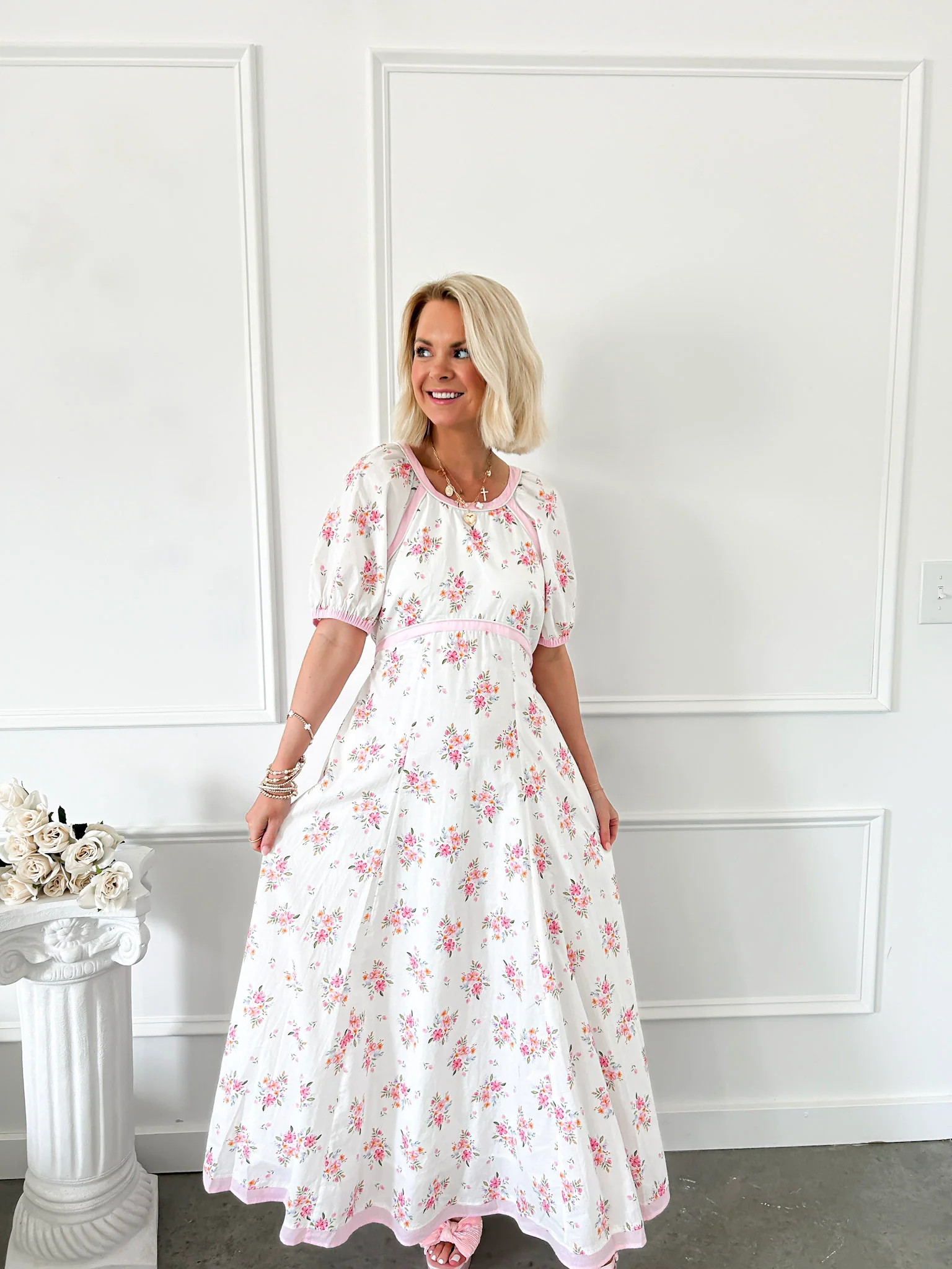 Charming Moment Pink Floral Midi Dress | Flourish in Frills