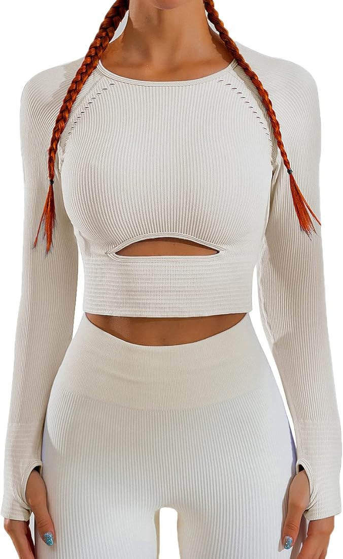 QINSEN Workout Crop Tops for Women Seamless Ribbed Long Sleeve GMY Yoga Athletic Shirt | Amazon (US)