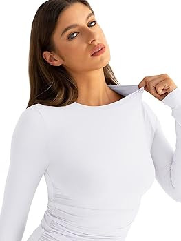 Womens Double Lined Long Sleeve Shirts Crewneck Ruched Top Tight Fitted Basic Tee Fall Going Out ... | Amazon (US)