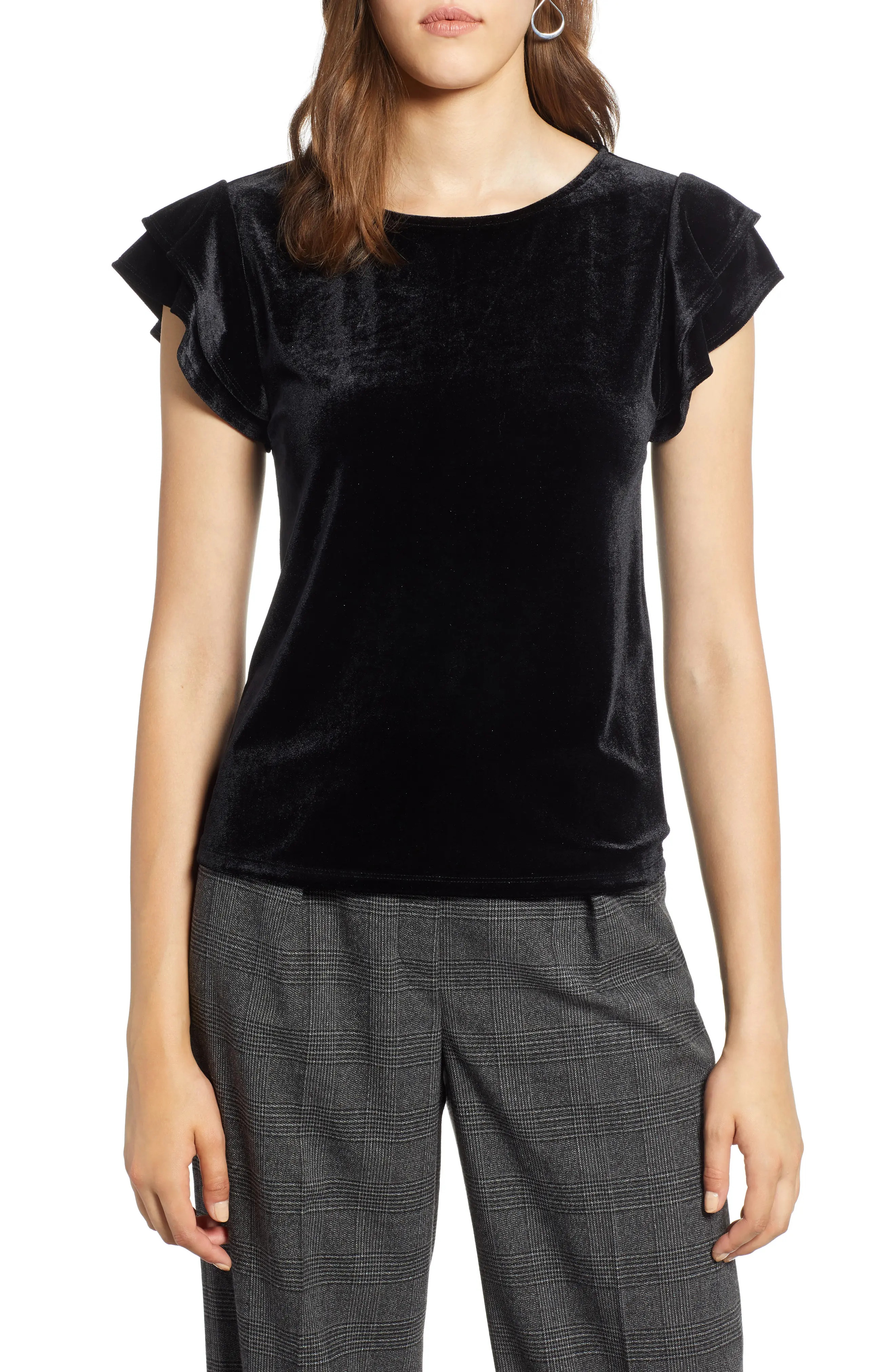Halogen® Flutter Sleeve Velvet Top | Nordstrom