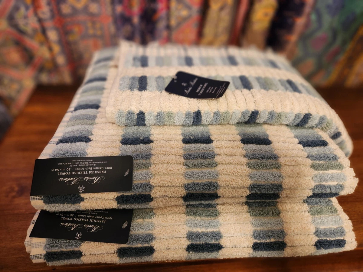 Brooks Brothers Turkish Plush Bath & Hand Towel Set Tiles Ocean Blue Ecru | eBay US