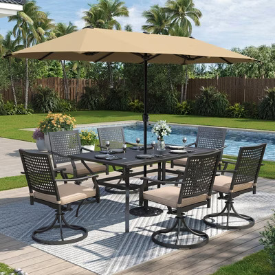 Captiva Designs 8pc Patio Slat-top Dining Steel Table & Swivel Steel Chairs & Beige Umbrella | Target