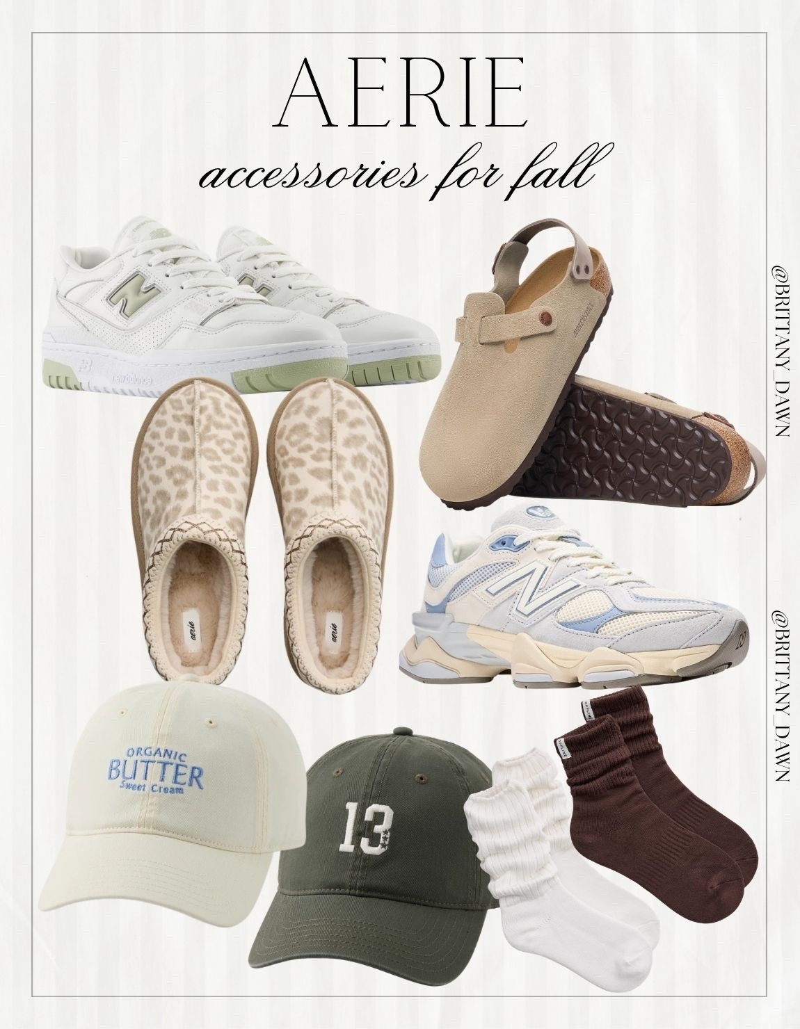 Step into cozy cozy season with these Aerie fall accessories! 🍂

Featuring trendy New Balance sneakers, neutral suede clogs, leopard plush slippers, embroidered baseball caps, and cozy slouch socks. 🧦✨

#Aerie #FallAccessories #LTKshopper #CozyVibes #SneakerStyle #LTKstyletip

#LTKSeasonal