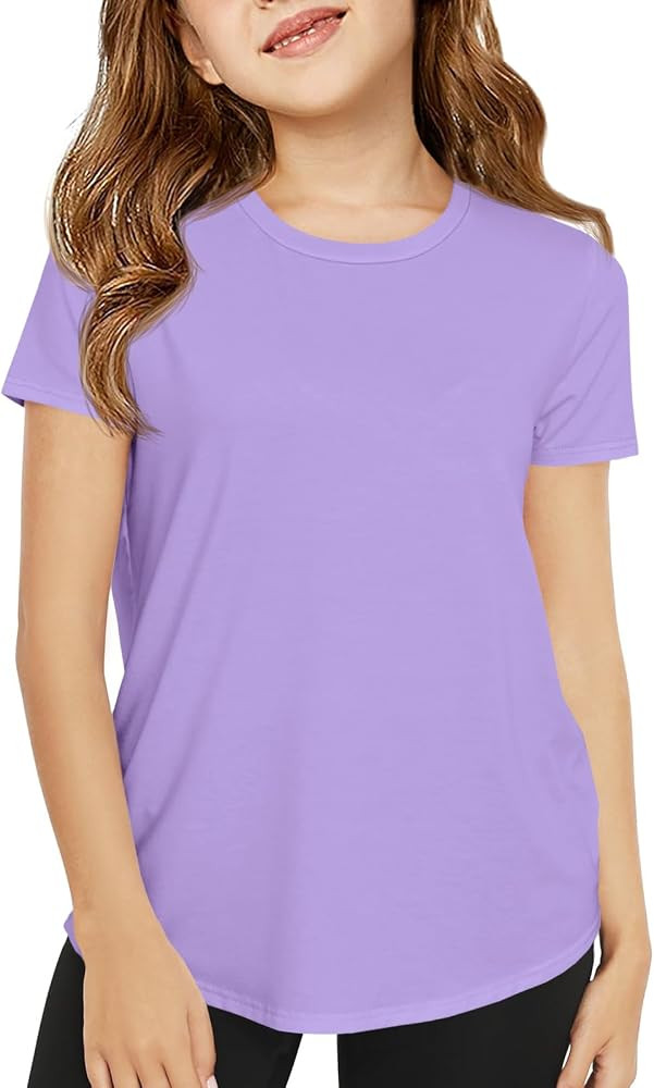 Haloumoning Girls Short Sleeve T Shirts Kids Summer Crewneck Tops Curved Hem Tees 5-14 Years | Amazon (US)