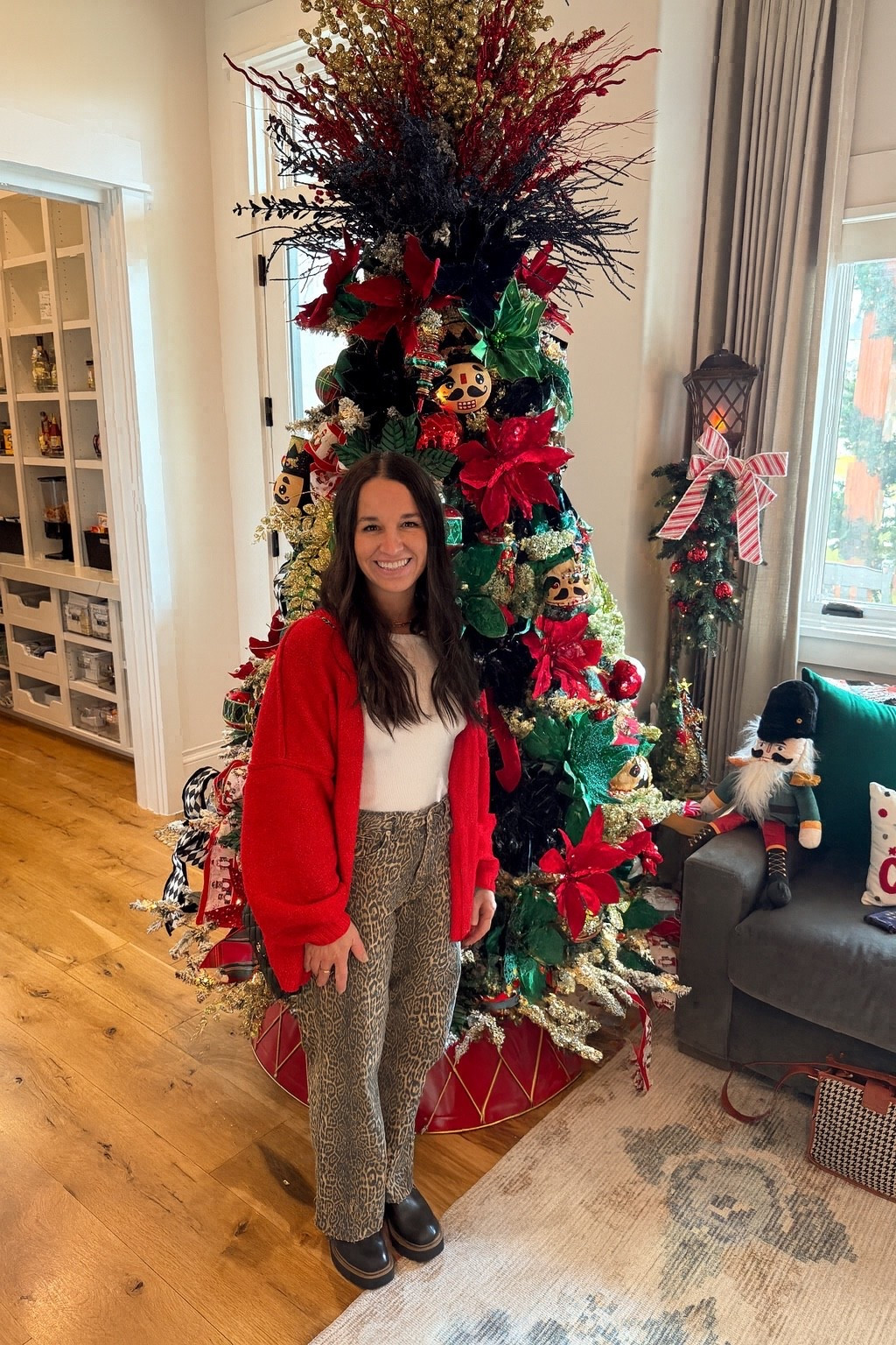 A fun, casual, but cute holiday outfit! ❤️🎄 wearing size medium
 cardigan, but definitely could have gone with a small. Pictures don’t show the tiny while dots in the cardi, but still love. Definitely oversized. Pants are a 2 and were perfect (TTS). Just had to cut the length to fit me HA. I’m 5’0” for reference! ❤️ Boots fit TTS and they were great! 

#LTKootd #LTKHoliday #LTKSeasonal